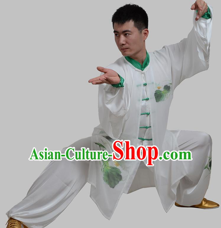 Top Grade China Martial Arts Costume Kung Fu Training Ink Painting Lotus Clothing, Chinese Tai Ji White Uniform Gongfu Wushu Costume for Men