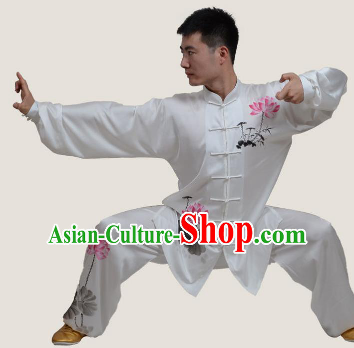 Top Grade China Martial Arts Costume Kung Fu Training Ink Painting Lotus Clothing, Chinese Tai Ji Uniform Gongfu Wushu Costume for Men