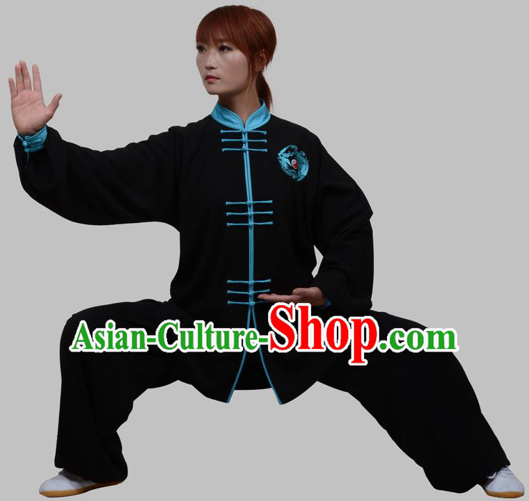 Top Grade China Martial Arts Costume Kung Fu Training Blue Plated Buttons Clothing, Chinese Embroidery Tai Ji Black Uniform Gongfu Wushu Costume for Women for Men