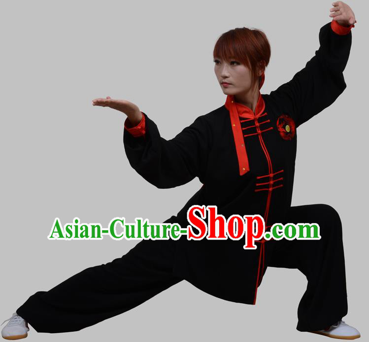 Top Grade China Martial Arts Costume Kung Fu Training Red Plated Buttons Clothing, Chinese Embroidery Tai Ji Black Uniform Gongfu Wushu Costume for Women for Men