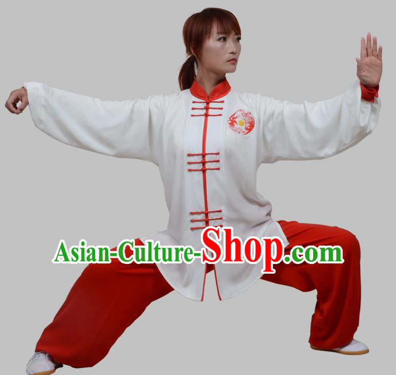 Top Grade China Martial Arts Costume Kung Fu Training Plated Buttons Clothing, Chinese Embroidery Tai Ji White Uniform Gongfu Wushu Costume for Women for Men
