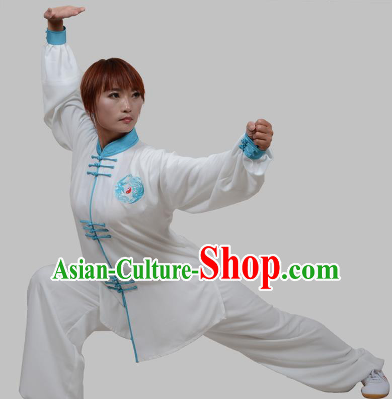 Top Grade China Martial Arts Costume Kung Fu Training Blue Plated Buttons Clothing, Chinese Embroidery Tai Ji White Uniform Gongfu Wushu Costume for Women for Men