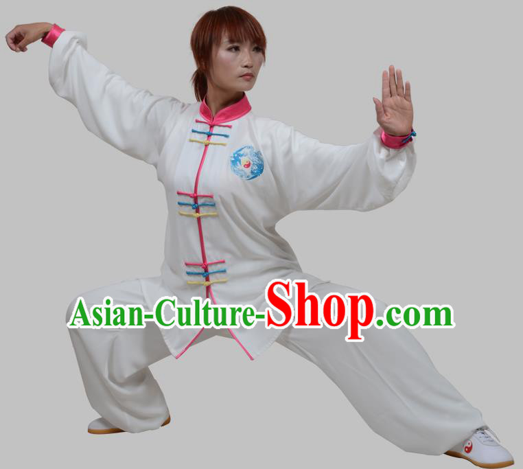 Top Grade China Martial Arts Costume Kung Fu Training Pink Plated Buttons Clothing, Chinese Embroidery Tai Ji White Uniform Gongfu Wushu Costume for Women for Men
