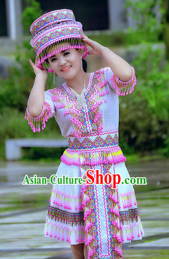 Traditional Chinese Miao Nationality Wedding Costume and Hat, Hmong Young Lady Folk Dance Ethnic Blue Pleated Skirt, Chinese Minority Nationality Embroidery Clothing for Women