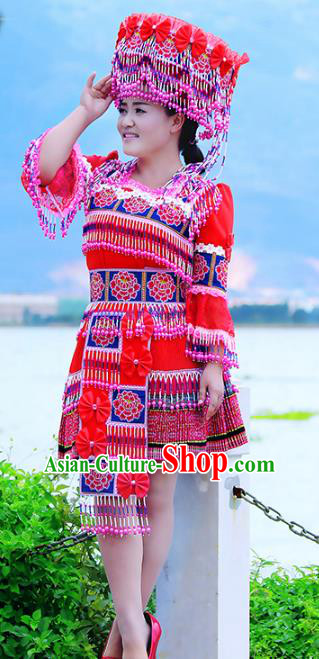 Traditional Chinese Miao Nationality Wedding Costume, Hmong Young Lady Folk Dance Ethnic Red Pleated Dress, Chinese Minority Nationality Embroidery Clothing for Women