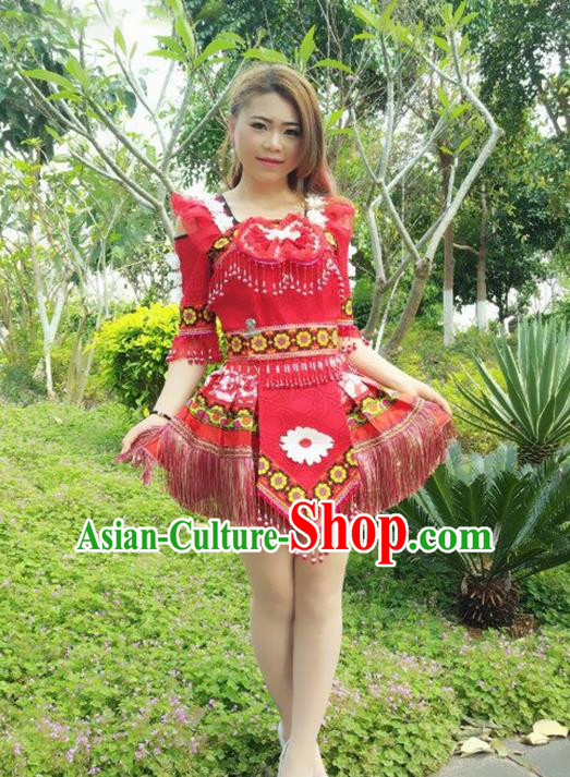 Traditional Chinese Miao Nationality Wedding Costume, Hmong Folk Dance Ethnic Red Tassel Short Pleated Skirt, Chinese Minority Nationality Embroidery Clothing for Women