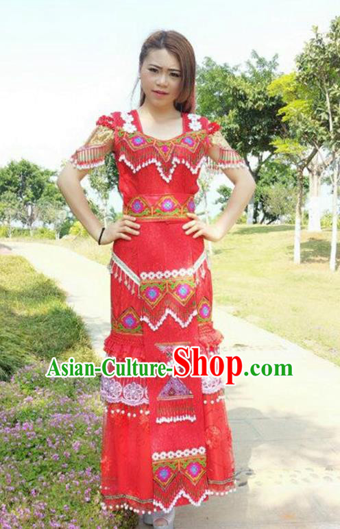 Traditional Chinese Miao Nationality Wedding Costume, Hmong Folk Dance Ethnic Tassel Long Red Pleated Skirt, Chinese Minority Nationality Embroidery Clothing for Women