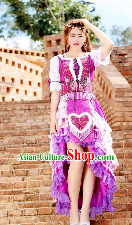 Traditional Chinese Miao Nationality Wedding Bride Costume, Hmong Folk Dance Ethnic Purple Pleated Skirt, Chinese Minority Nationality Embroidery Clothing for Women