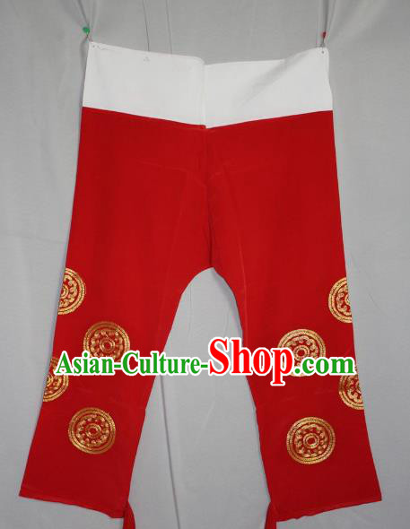 Traditional China Beijing Opera Takefu Costume Red Pants, Ancient Chinese Peking Opera Wu-Sheng Warrior Embroidery Trousers Clothing