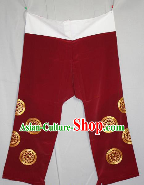 Traditional China Beijing Opera Takefu Costume Wine Red Pants, Ancient Chinese Peking Opera Wu-Sheng Warrior Embroidery Trousers Clothing