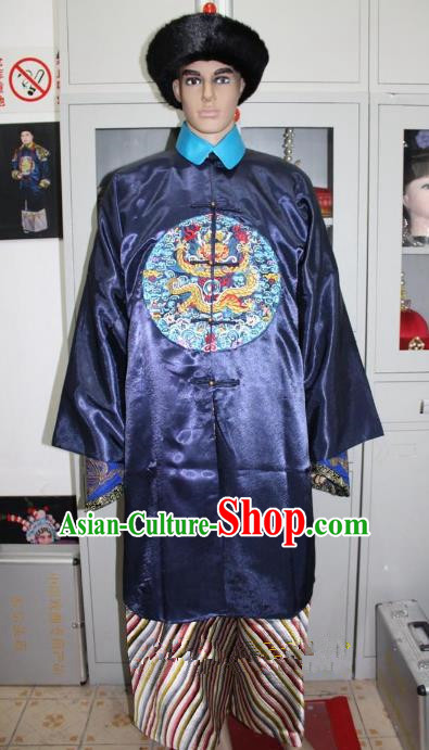 Top Grade Professional Beijing Opera Manchu Niche Costume Prince Blue Embroidered Robe, Traditional Ancient Chinese Peking Opera Qing Dynasty Officer Embroidery Clothing