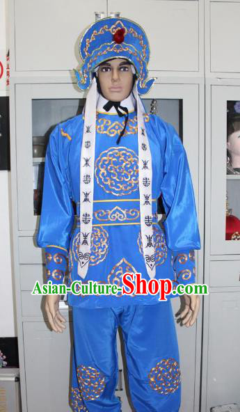 Traditional China Beijing Opera Takefu General Costume, Ancient Chinese Peking Opera Wu-Sheng Warrior Embroidery Blue Clothing