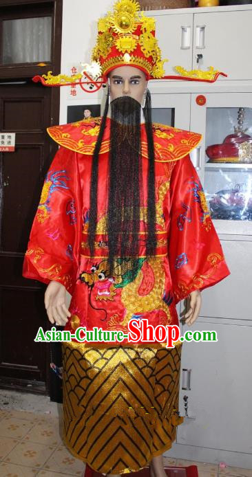 Traditional China Beijing Opera Old Men Costume God of Wealth Embroidered Robe and Headwear, Ancient Chinese Peking Opera Mammon Clothing