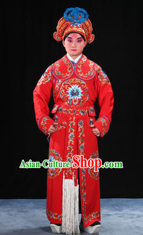 Traditional China Beijing Opera Takefu General Red Costume and Boots, Ancient Chinese Peking Opera Wu-Sheng Warrior Embroidery Yellow Clothing