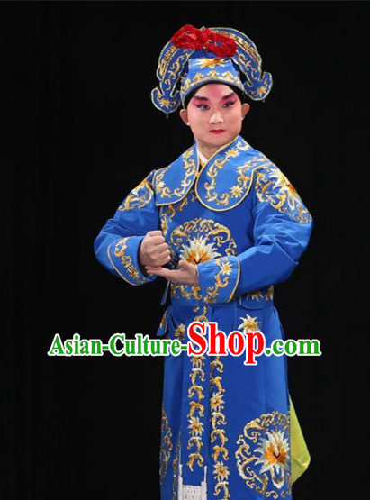 Traditional China Beijing Opera Takefu General Blue Costume and Boots, Ancient Chinese Peking Opera Wu-Sheng Warrior Embroidery Yellow Clothing