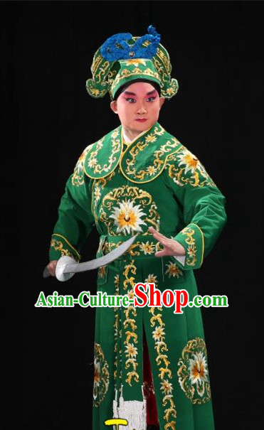 Traditional China Beijing Opera Takefu General Green Costume and Boots, Ancient Chinese Peking Opera Wu-Sheng Warrior Embroidery Yellow Clothing