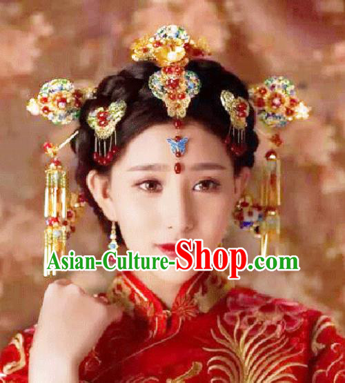 Traditional Handmade Chinese Ancient Classical Hair Accessories Barrettes Xiuhe Suit Cloisonne Phoenix Coronet Complete Set, Tassel Step Shake Hanfu Hair Fascinators for Women