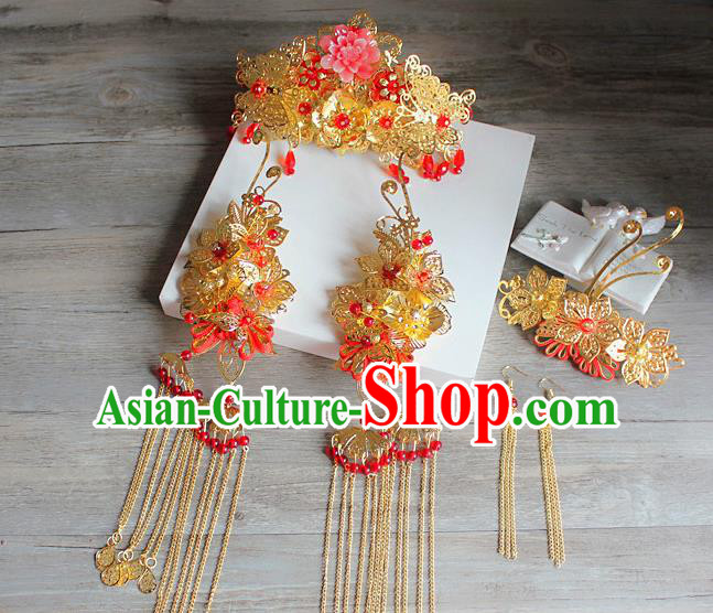 Traditional Handmade Chinese Ancient Classical Hair Accessories Barrettes Xiuhe Suit Hairpin Complete Set, Long Tassel Step Shake, Hanfu Hair Fascinators for Women