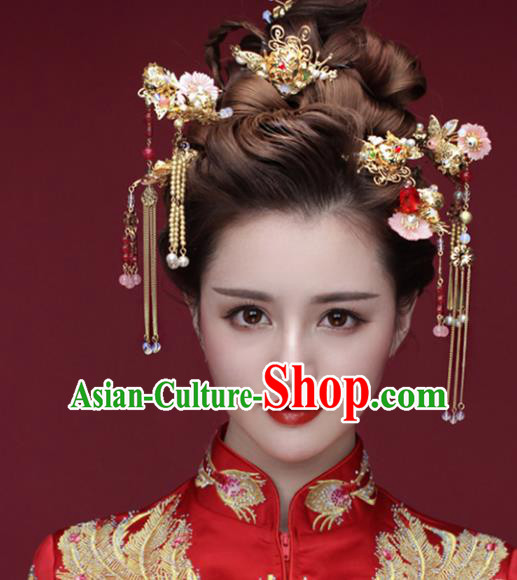 Traditional Handmade Chinese Ancient Classical Hair Accessories Barrettes Xiuhe Suit Pink Shell Hair Comb Complete Set, Long Tassel Step Shake, Hanfu Hairpins Hair Fascinators for Women