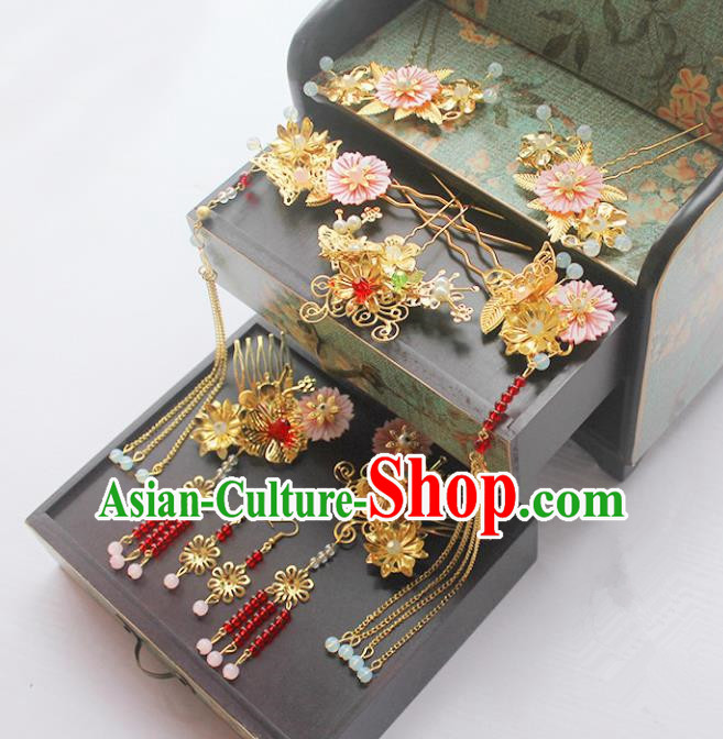 Traditional Handmade Chinese Ancient Classical Hair Accessories Barrettes Xiuhe Suit Red Beads Hair Comb Complete Set, Long Tassel Step Shake, Hanfu Hairpins Hair Fascinators for Women