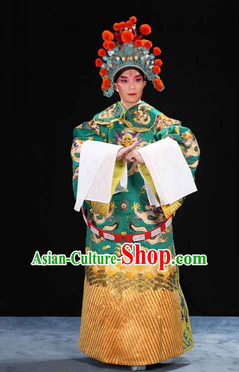 Top Grade Professional Beijing Opera Emperor Costume General Green Embroidered Robe and Belts, Traditional Ancient Chinese Peking Opera Royal Highness Embroidery Dragons Clothing
