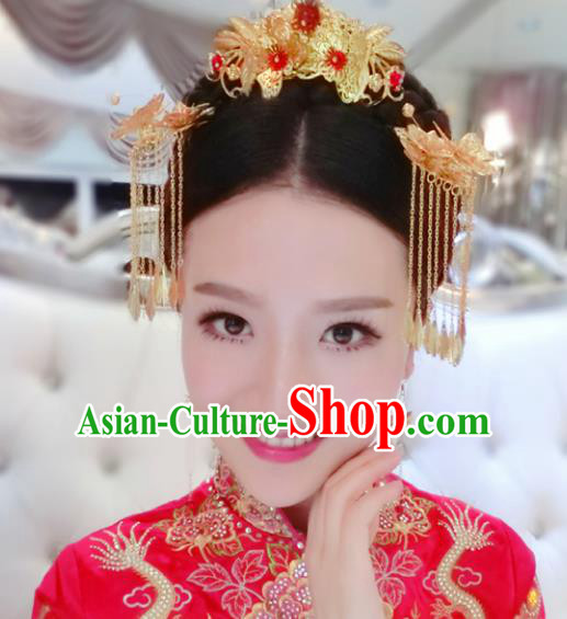 Traditional Handmade Chinese Ancient Classical Hair Accessories Barrettes Xiuhe Suit Hair Comb Complete Set, Hanfu Hairpins Hair Fascinators for Women