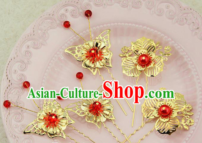 Traditional Handmade Chinese Ancient Classical Hair Accessories Barrettes Xiuhe Suit Cheongsam Golden Flowers Hair Stick, Hanfu Hairpins Hair Fascinators for Women