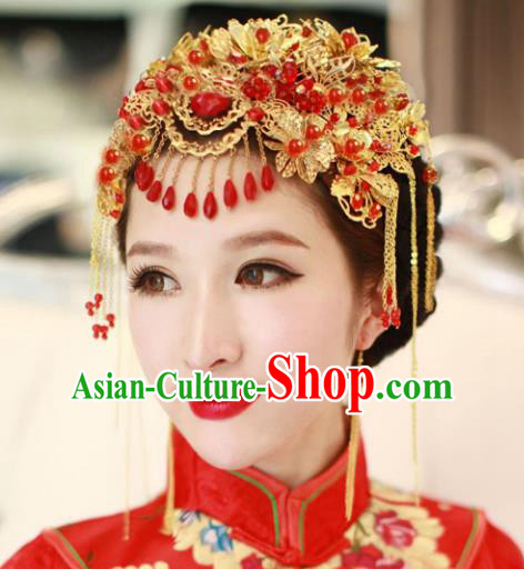 Traditional Handmade Chinese Ancient Classical Hair Accessories Barrettes Xiuhe Suit Cheongsam Red Flowers Tassel Phoenix Coronet, Hanfu Hairpins Hair Fascinators for Women