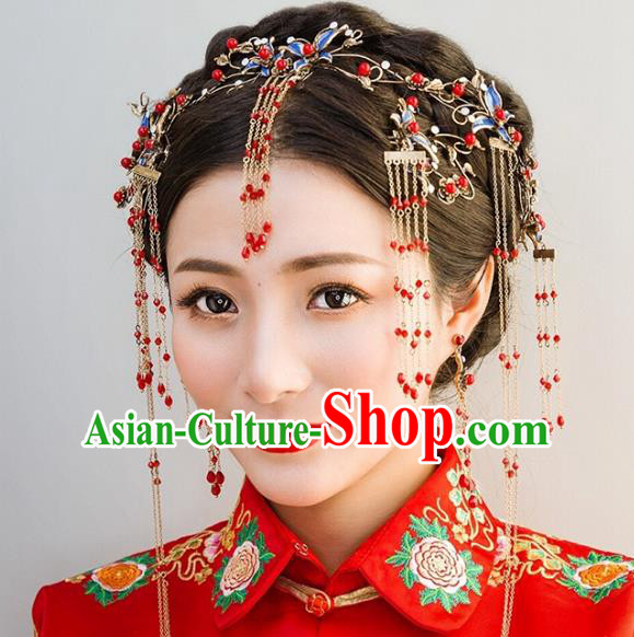 Traditional Handmade Chinese Ancient Classical Hair Accessories Barrettes Xiuhe Suit Cheongsam Blueing Tassel Hair Clasp Complete Set, Hanfu Hairpins Hair Fascinators for Women