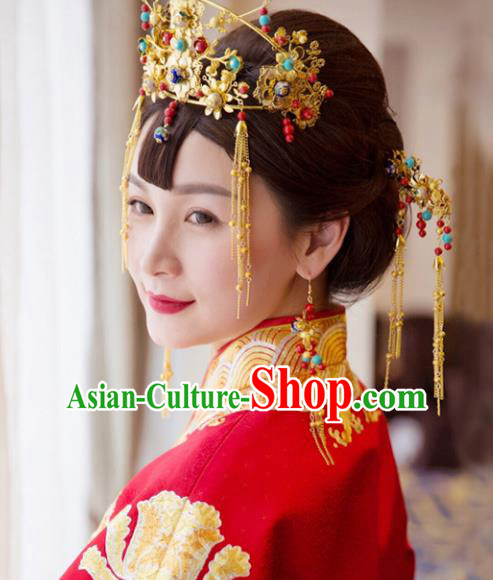 Traditional Handmade Chinese Ancient Classical Hair Accessories Xiuhe Suit Cheongsam Tassel Phoenix Coronet Complete Set, Hanfu Hairpins Hair Fascinators for Women