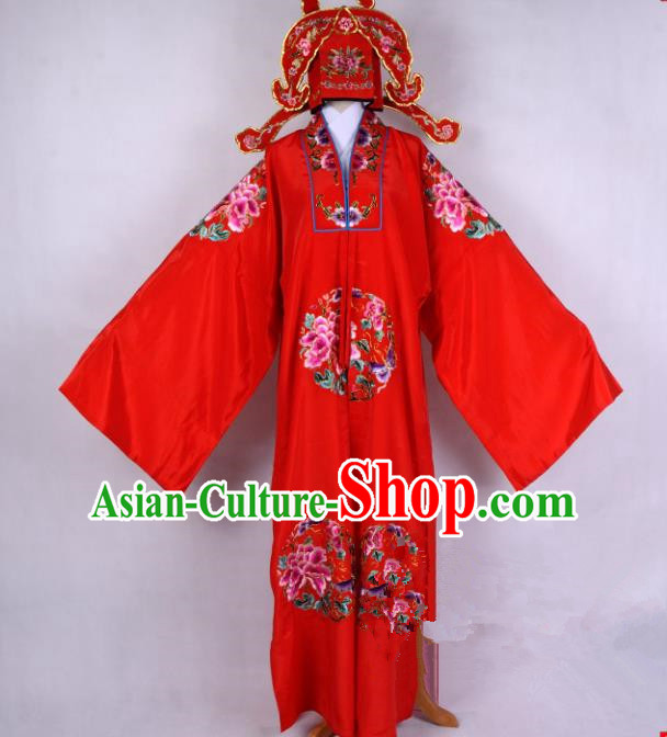 Top Grade Professional Beijing Opera Niche Costume Gifted Scholar Red Embroidered Cape, Traditional Ancient Chinese Peking Opera Embroidery Robe Clothing