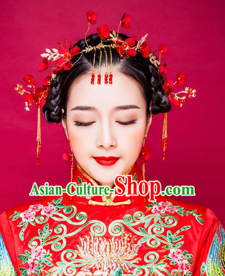 Traditional Handmade Chinese Ancient Classical Hair Accessories Xiuhe Suit Cheongsam Red Flowers Hair Clasp, Hanfu Hairpins Hair Fascinators for Women