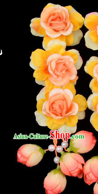 Traditional Beijing Opera Diva Red Hair Accessories Orange Flowers Temples Hairpin, Ancient Chinese Peking Opera Tassel Step Shake Hua Tan Hairpins Headwear