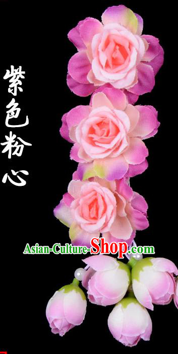 Traditional Beijing Opera Diva Red Hair Accessories Pink Flowers Temples Hairpin, Ancient Chinese Peking Opera Tassel Step Shake Hua Tan Hairpins Headwear