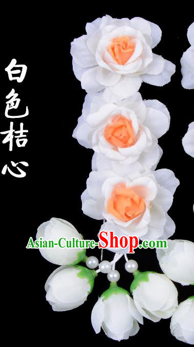 Traditional Beijing Opera Diva Red Hair Accessories White Flowers Temples Hairpin, Ancient Chinese Peking Opera Tassel Step Shake Hua Tan Hairpins Headwear