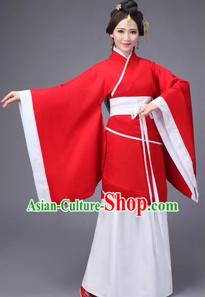 Traditional Chinese Hanfu Han Dynasty Princess Wedding Costume Red Curve Bottom, Elegant Hanfu Clothing Chinese Ancient Dress for Women