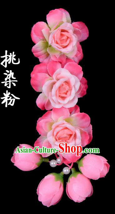 Traditional Beijing Opera Diva Red Hair Accessories Peach Pink Flowers Temples Hairpin, Ancient Chinese Peking Opera Tassel Step Shake Hua Tan Hairpins Headwear