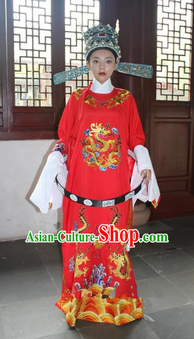 Top Grade Professional Beijing Opera Niche Costume Lang Scholar Red Embroidered Robe and Hat, Traditional Ancient Chinese Peking Opera Emperor Son-in-law Embroidery Gwanbok Clothing