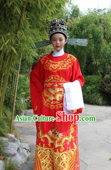 Top Grade Professional Beijing Opera Niche Costume Lang Scholar Red Embroidered Robe and Hat, Traditional Ancient Chinese Peking Opera Emperor Son-in-law Embroidery Gwanbok Clothing