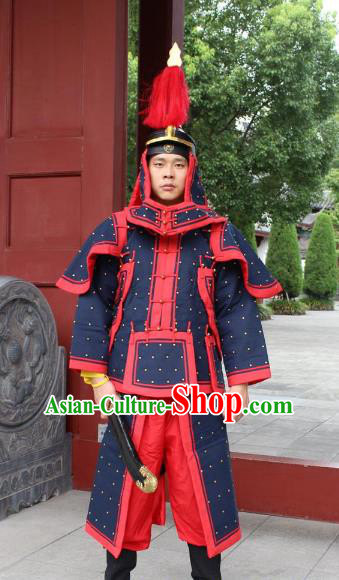 Traditional China Beijing Opera Qing Dynasty General Costume Helmet and Armour, Ancient Chinese Peking Opera Manchu Imperial Bodyguard Warrior Black Clothing