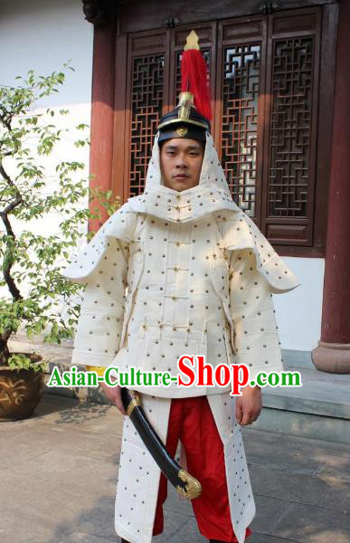Traditional China Beijing Opera Qing Dynasty General Costume Helmet and Armour, Ancient Chinese Peking Opera Manchu Imperial Bodyguard Warrior White Clothing
