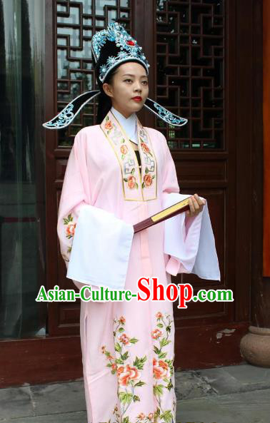 Top Grade Professional Beijing Opera Niche Costume Scholar Pink Embroidered Robe, Traditional Ancient Chinese Peking Opera Embroidery Gwanbok Clothing