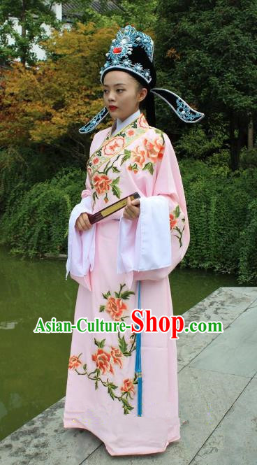 Top Grade Professional Beijing Opera Niche Costume Scholar Pink Embroidered Robe and Hat, Traditional Ancient Chinese Peking Opera Embroidery Gwanbok Clothing