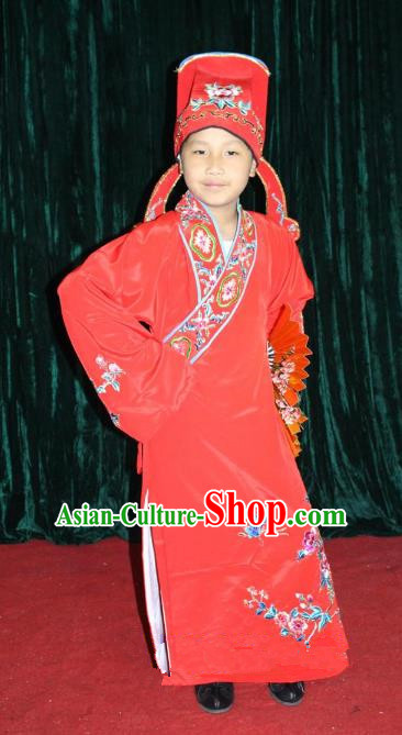 Top Grade Professional Beijing Opera Niche Costume Red Embroidered Robe, Traditional Ancient Chinese Peking Opera Lang Scholar Embroidery Clothing for Kids