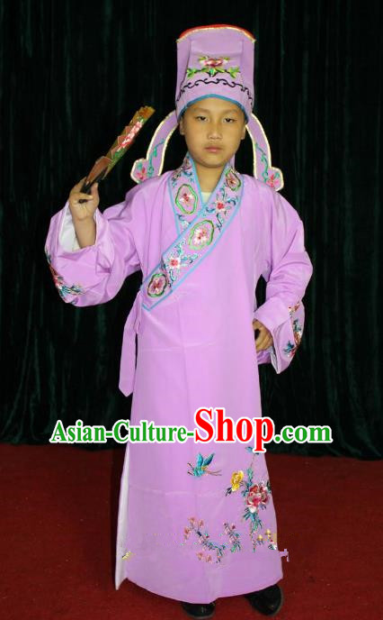 Top Grade Professional Beijing Opera Niche Costume Pink Embroidered Robe, Traditional Ancient Chinese Peking Opera Lang Scholar Embroidery Clothing for Kids