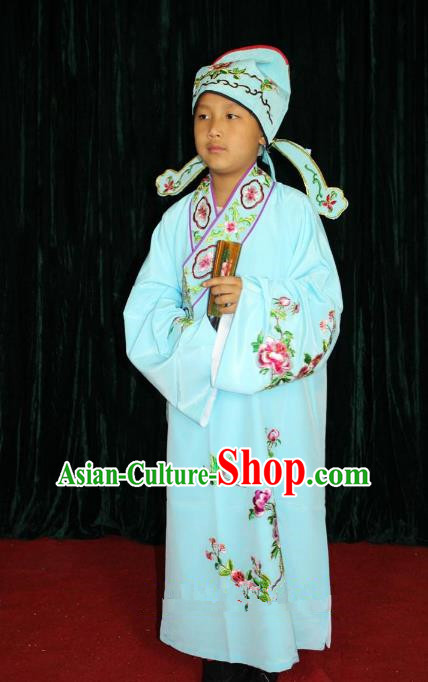 Top Grade Professional Beijing Opera Niche Costume Blue Embroidered Robe, Traditional Ancient Chinese Peking Opera Lang Scholar Embroidery Clothing for Kids