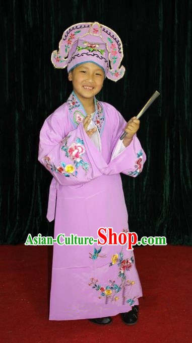 Top Grade Professional Beijing Opera Niche Costume Young Men Purple Embroidered Robe, Traditional Ancient Chinese Peking Opera Scholar Embroidery Clothing for Kids