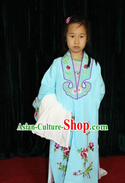 Top Grade Professional Beijing Opera Princess Costume Hua Tan Blue Embroidered Cape, Traditional Ancient Chinese Peking Opera Diva Embroidery Clothing for Kids