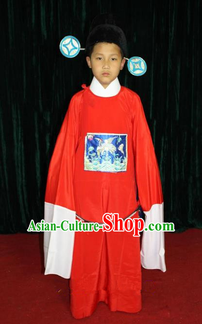 Top Grade Professional Beijing Opera Costume Red County Magistrate Embroidered Robe, Traditional Ancient Chinese Peking Opera Embroidery Gwanbok Clothing for Kids