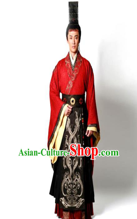 Traditional Chinese Ancient Qin Dynasty Emperor Embroidered Wedding Costume, China Han Dynasty Majesty Embroidery Hanfu Red Robe Clothing